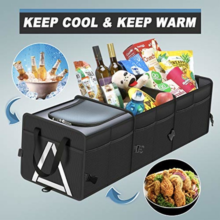 K KNODEL Heavy Duty Car Trunk Organizer with Premium Cooler Bag, Heavy Duty Collapsible Trunk Organizer for Car, SUV, Truck or Van (3 Compartments, Black)