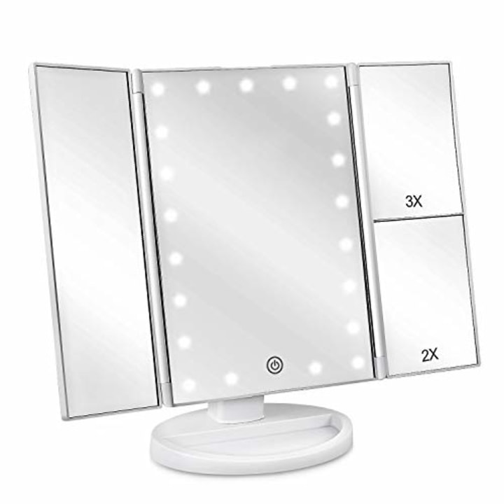 deweisn Tri-Fold Lighted Vanity Mirror with 21 LED Lights, Touch Screen and 3X/2X/1X Magnification, Two Power Supply Modes Make Up Mirror,Travel Mirror
