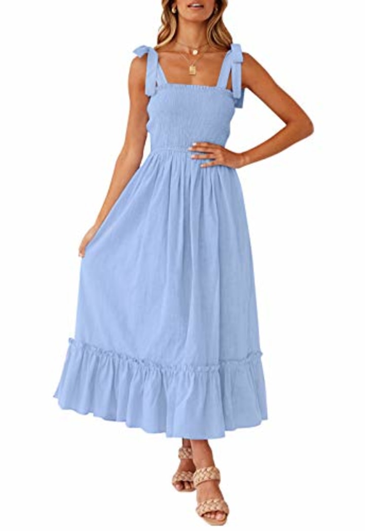 ZESICA Women&#039;s Summer Boho Spaghetti Strap Square Neck Solid Color Ruffle A Line Beach Long Maxi Dress,Blue,Small
