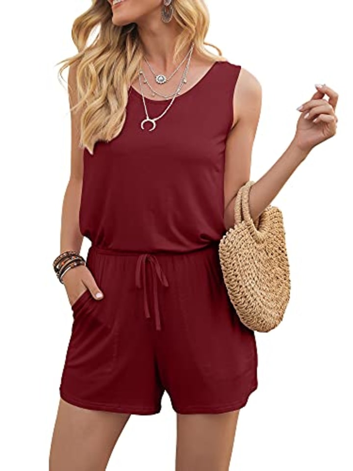 DouBCQ Women's Casual Sleeveless Summer Jumpsuit with Pockets (Wine Red, Small)