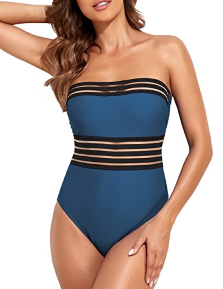 Hilor Women&#039;s Halter One-Piece Swimsuit Tummy Control Swimwear Plus Size Strapless Bathing Suit Monokini Aquamarine Blue S/US4-6