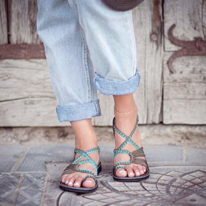 Plaka Palm Leaf Flat Summer Sandals for Women | Perfect for the Beach Walking &amp; Dressy Occasions | Turquoise Gray | Size 8
