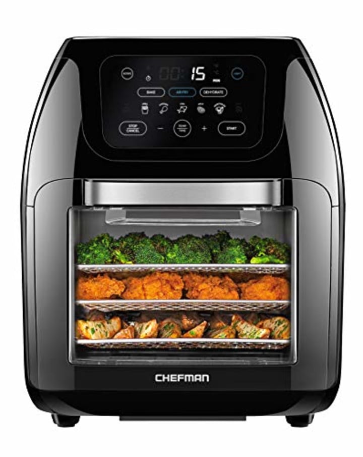 Chefman Multifunctional Digital Air Fryer+ Rotisserie, Dehydrator, Convection Oven, 17 Touch Screen Presets Fry, Roast, Dehydrate &amp; Bake, Auto Shutoff, Accessories Included, XL 10L Family Size, Black