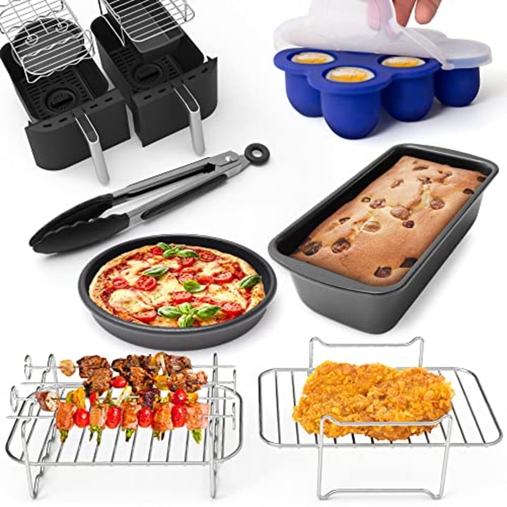 LOTTELI KITCHEN Air Fryer Accessories 6pcs Set for Dual Basket, Nonstick AirFryer Accessory With Cake Pan, Pizza Pan, Multi-Layer Rack, Skewer Rack, Egg Bite Mold, Tongs, Fits Double Basket Air Fryers