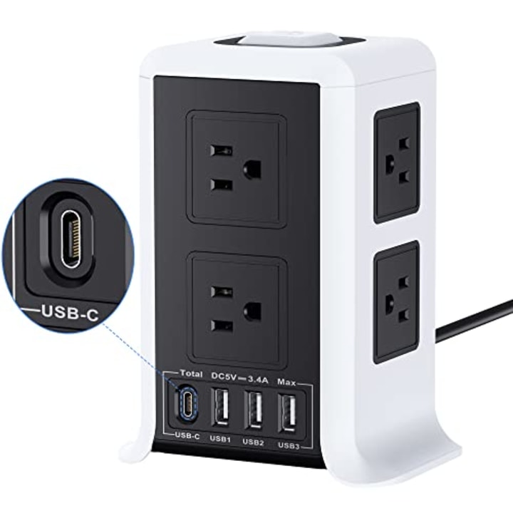 Surge Protector Power Strip with USB C Total 3.4A SMALLRT Power Strip Tower 8 Outlet 4 USB Ports ( 1 USB C Outlet) Charging Station Power Strip with 6.56 FT Long Cord for Home, Office, Travel