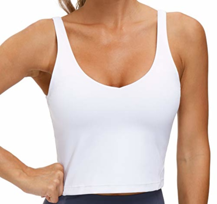 Women's Longline Sports Bra Wirefree Padded Medium Support Yoga Bras Gym Running Workout Tank Tops (White, Medium)