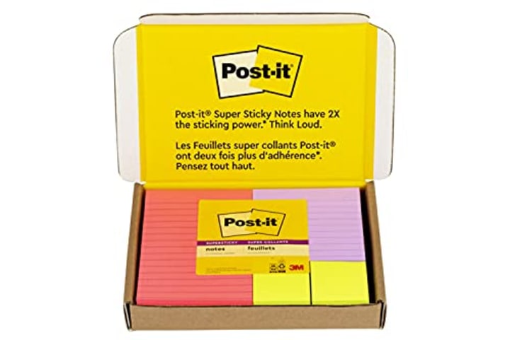 Post-it Super Sticky Notes, Amazon&#039;s Exclusive Color Collection, Guava, Iris, Neon Green, 12 Pads/Pack, 90 Sheets/Pad, Assorted Sizes (4642-12SSMX)