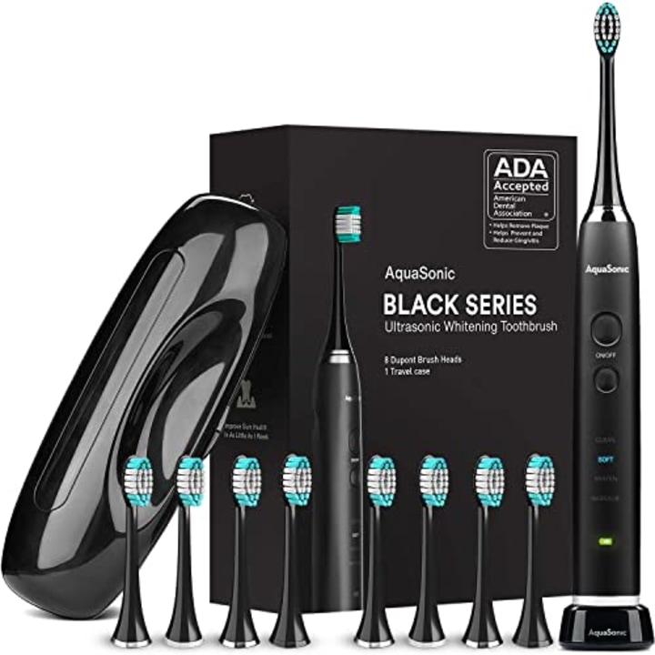 AquaSonic Black Series Ultra Whitening Toothbrush - ADA Accepted Electric Toothbrush - 8 Brush Heads &amp; Travel Case - Ultra Sonic Motor &amp; Wireless Charging - 4 Modes w Smart Timer - Sonic Electric
