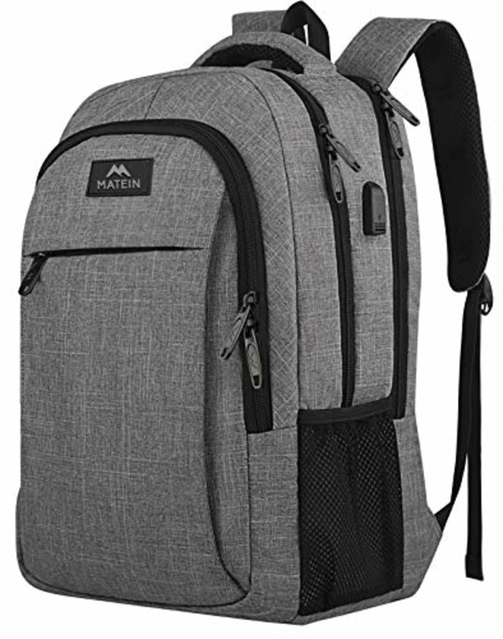 Matein Travel Laptop Backpack, Business Anti Theft Slim Durable Laptops Backpack with USB Charging Port, Water Resistant College School Computer Bag Gifts for Men &amp; Women Fits 15.6 Inch Notebook, Grey