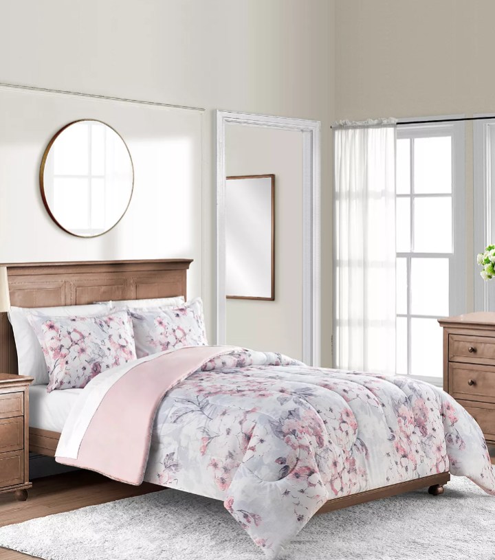 Floral/Solid 3 Piece Comforter Bedding Set