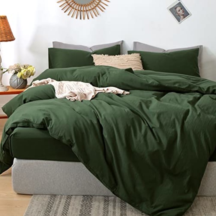 MooMee Bedding Duvet Cover Set 100% Washed Cotton Linen Like Textured Breathable Durable Soft Comfy (Forest Green, Queen)