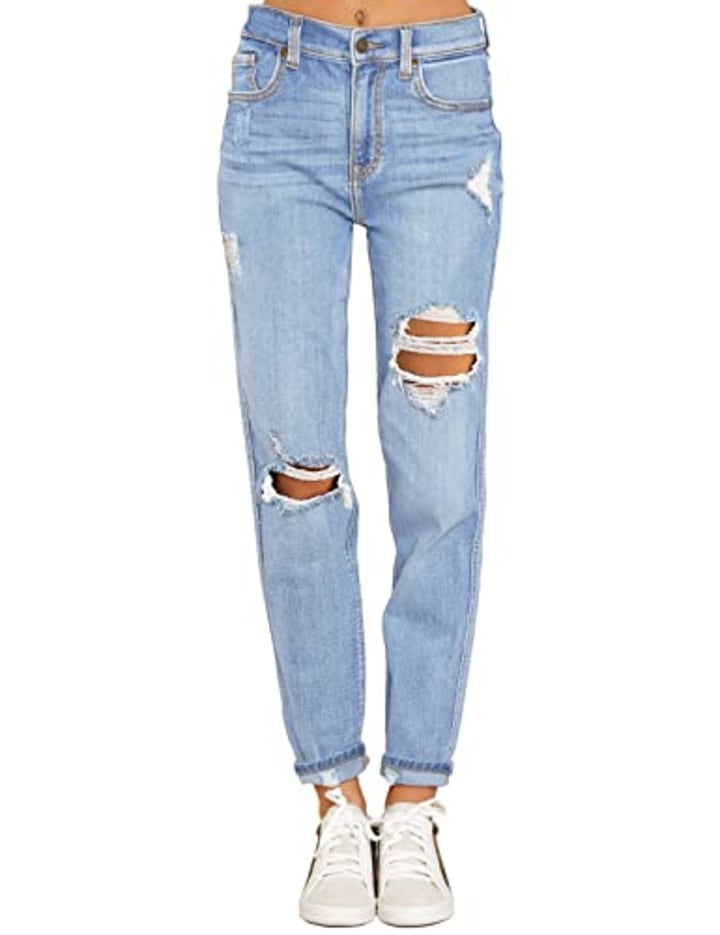 GRAPENT High Waisted Ripped Mom Jean