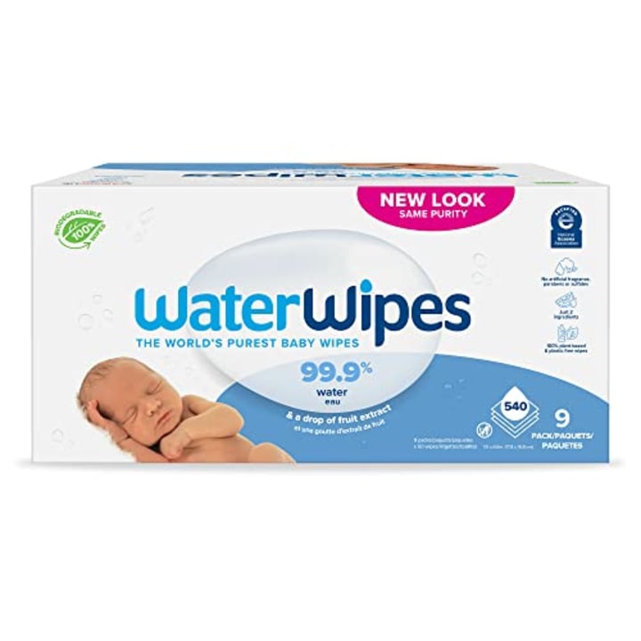 WaterWipes Biodegradable Original Baby Wipes, 99.9% Water Based Wipes, Unscented &amp; Hypoallergenic for Sensitive Skin, 540 Count (9 packs), Packaging May Vary