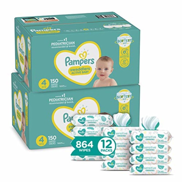 Pampers Swaddlers Disposable Baby Diapers Size 4, 2 Month Supply (2 x 150 Count) with Sensitive Water Based Baby Wipes, 12X Pop-Top Packs (864 Count)