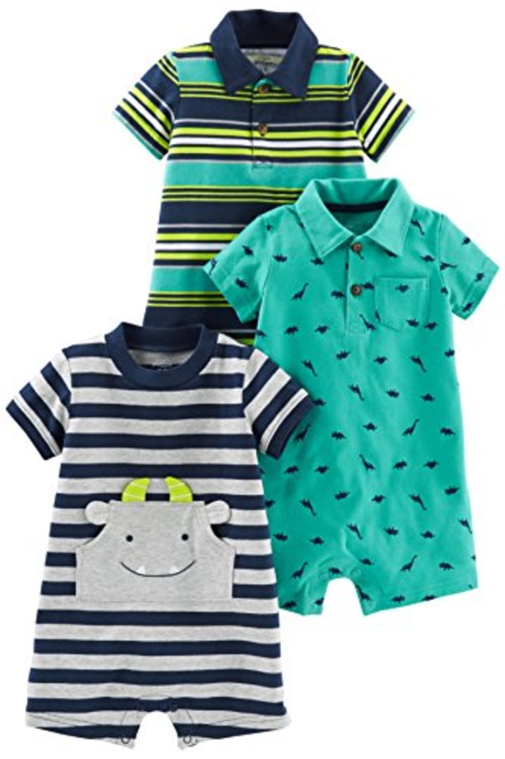 Simple Joys by Carter&#039;s Baby Boys&#039; Rompers, Pack of 3, Grey/Navy/Blue, Stripe/Dinosaur, 6-9 Months