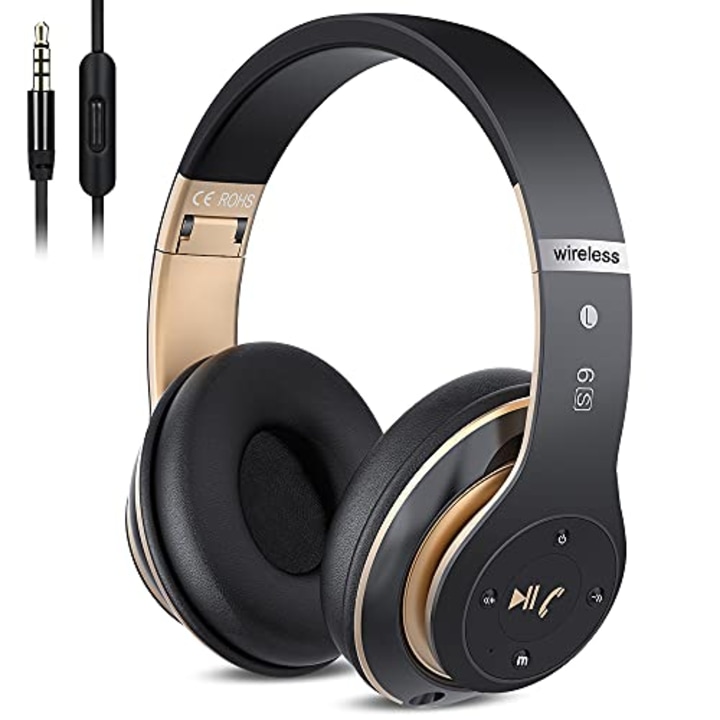 6S Wireless Bluetooth Headphones Over Ear, Hi-Fi Stereo Foldable Wireless Stereo Headsets Earbuds with Built-in Mic, Volume Control, FM for Phone/PC (Black &amp; Gold)