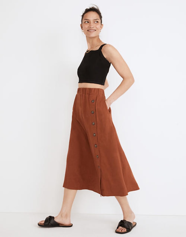 Linen Blend Side Button Midi Skirt