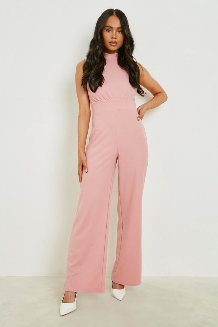 Petite High Neck Open Back Flared Jumpsuit