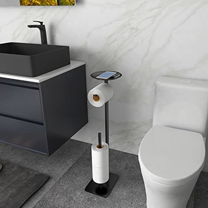 FEILERN Toilet Paper Holder Stand for Bathroom Floor Standing Toilet Roll Dispenser Storages 4 Reserve Rolls, with Top Storage Shelf for Cell Phones, Wipe, Wallet and More( Black)