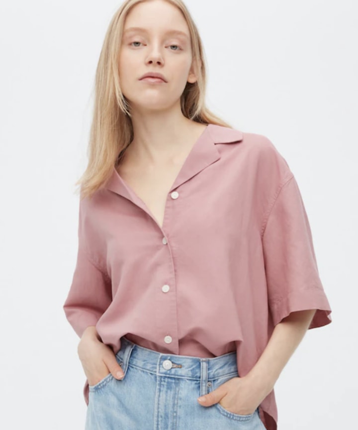 Linen-Blend Open Collar Short-Sleeve Shirt
