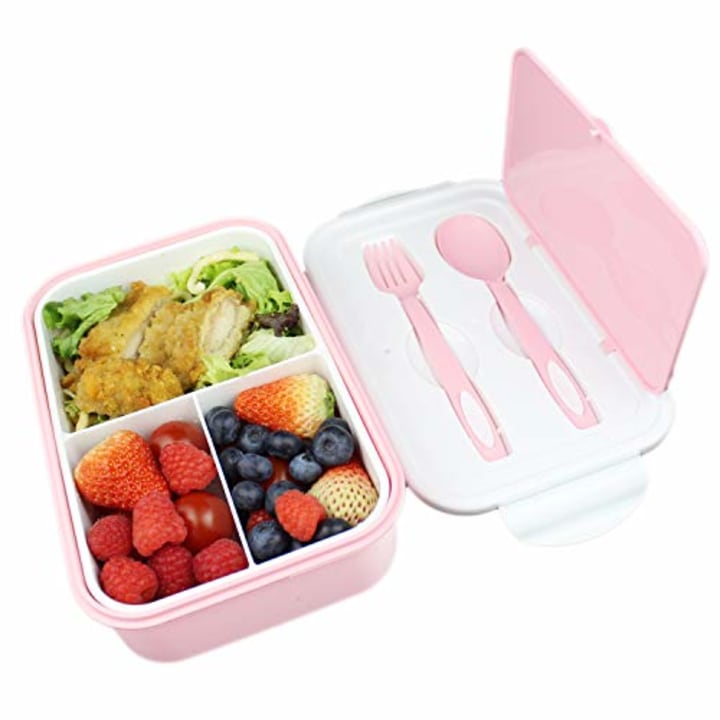 UPTRUST Bento Lunch container For Kids, Bento adult box With 3 Compartment. Leak-proof, Microwave safe, Dishwasher Safe, Freezer Safe,Meal Fruit Snack Packing Box(Spoon&amp;Fork included,Pink-White)