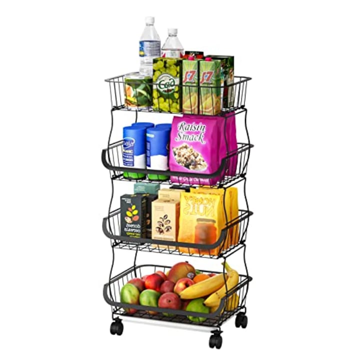 4 Tier Fruit Vegetable Storage Basket - Merysen Stackable Metal Wire Basket with Wheels, Storage Baskets with Casters, Utility Rack for Kitchen, Pantry, Bathroom, Laundry Room, Garage, Black