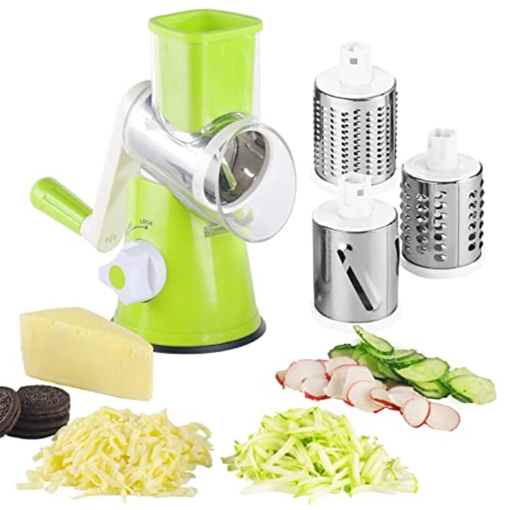 Rotary Cheese Grater - 3-in-1 Stainless Steel Manual Drum Slicer, Rotary Graters for Kitchen, Food Shredder for Vegatables, Nuts and Chocolate (Green)