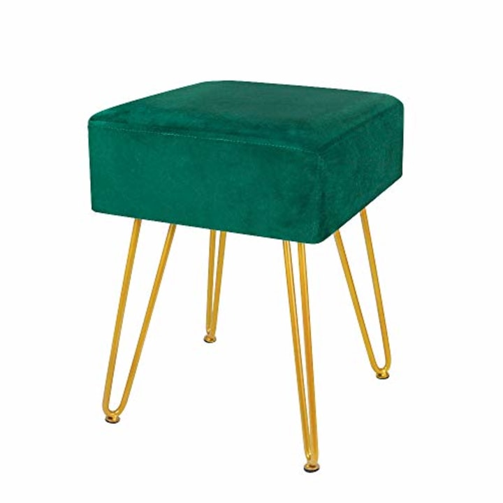 Velvet Footrest Stool Ottoman Round/Square Modern Upholstered Vanity Footstool Side Table Seat Dressing Chair with Golden Metal Leg(Teal,Square-Normal)