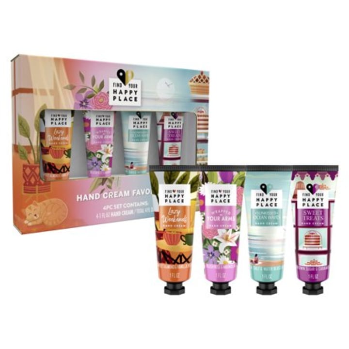 Find Your Happy Place Hand Cream Favorites Variety Pack Holiday Gift Set, Lazy Weekends, Wrapped In Your Arms, Sunkissed Ocean Waves, &amp; Sweet Treats 4 Count