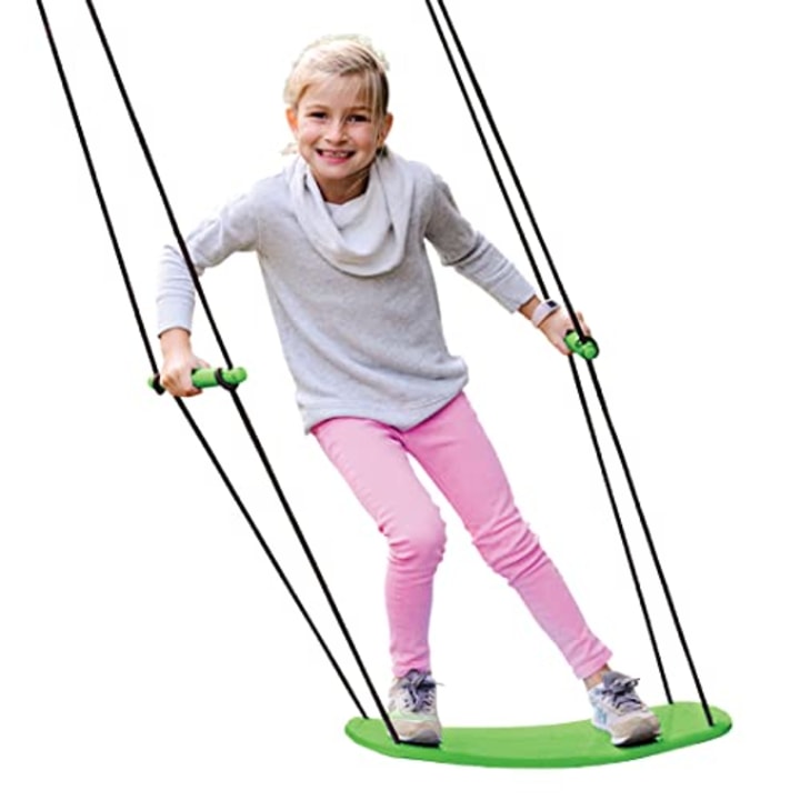 Swurfer Kick Stand Up Surfing Tree Swing Outdoor Swings for Kids Up to 150 Lbs - Hang from Up to 10 Feet High - Includes 24&quot; SwingBoard, UV Resistant Rope, &amp; Handles, Green