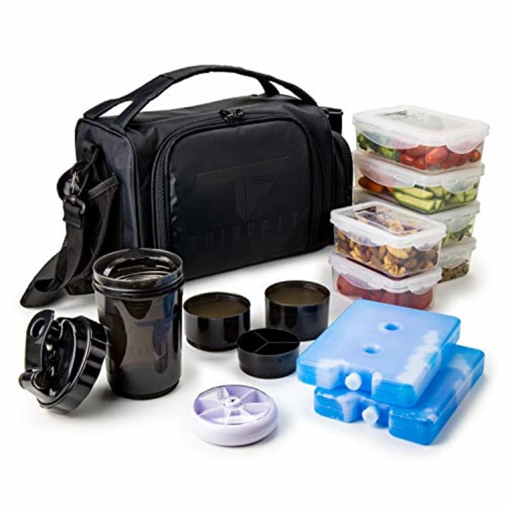 Insulated Meal Prep Lunch Box with 6 Food Portion Control Containers - BPA-Free, Reusable, Microwavable, Freezer Safe - with Shaker Cup, Pill Organizer, Shoulder Strap &amp; Storage Pocket (Black)