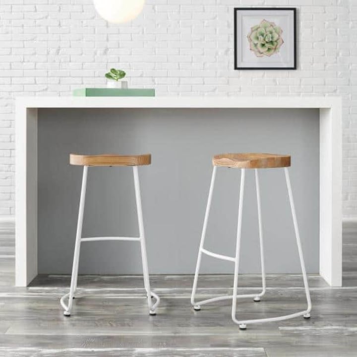 Metal Backless Bar Stool with Wood Seat (Set of 2)
