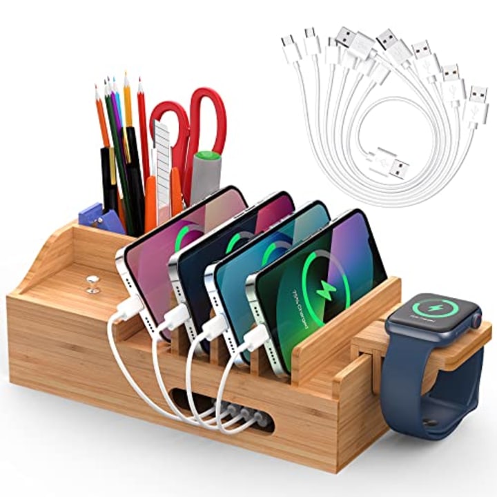 Pezin &amp; Hulin Bamboo Charging Station for Multiple Devices, Office Desktop Organizer for Phones, Tablet, Wooden Docking Stations (Include 5 x Charger Cable), Storage Holder Stand for Pen, Key, Remote