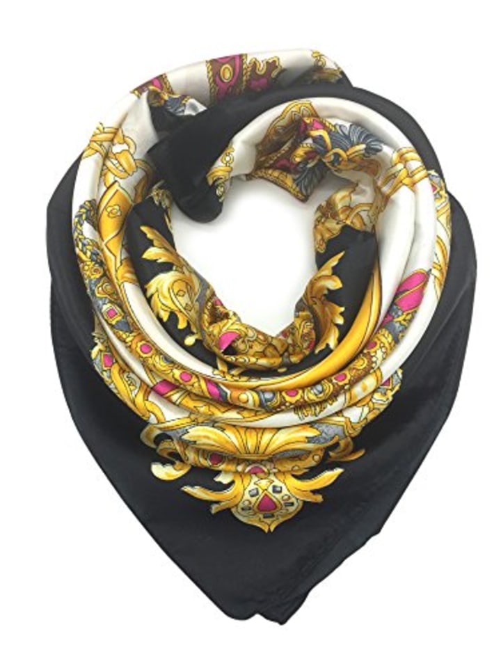 YOUR SMILE Silk Like Scarf Women&#039;s Fashion Pattern Large Square Satin Headscarf Headdress Black Chain Carriage