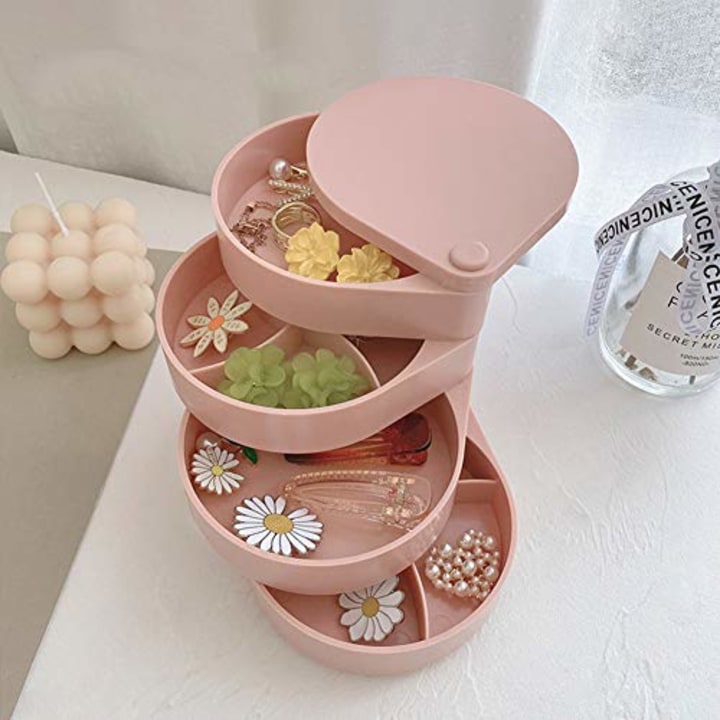 Stratalife Plastic 4 Layer Rotatable Jewelry Accessory Containers Jewelry Storage Boxes Organizer with Lids Stackable (Pink)
