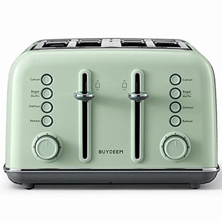 BUYDEEM DT640 4-Slice Toaster, Extra Wide Slots, Retro Stainless Steel with High Lift Lever, Bagel and Muffin Function, Removal Crumb Tray, 7-Shade Settings (Cozy Greenish)