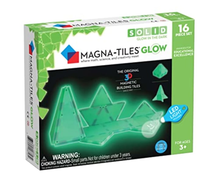 Magna-Tiles Glow In The Dark Set, The Original Magnetic Building Tiles For Creative Open-Ended Play, Educational Toys For Children Ages 3 Years + (16 Pieces + LED Light Included)