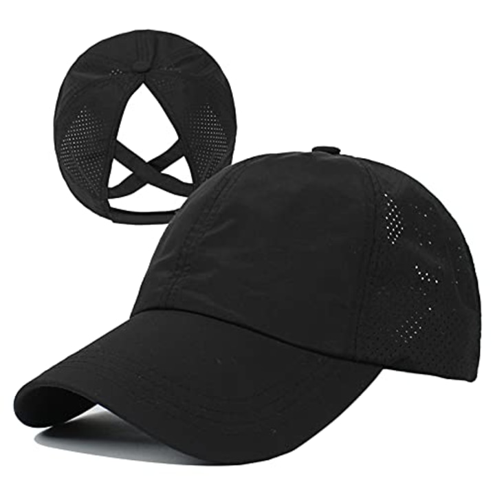 HGGE Women's Criss Cross Ponytail Baseball Cap Adjustable Top Messy Bun Ponycap Trucker Hats Quick Dry Mesh Hat for Outdoor Sports Travel Black