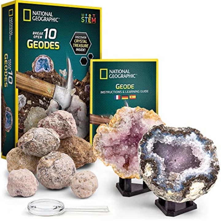 NATIONAL GEOGRAPHIC Break Open 10 Premium Geodes - Includes Goggles, Detailed Learning Guide &amp; 2 Display Stands - Great STEM Science Gift for Mineralogy &amp; Geology Enthusiasts of Any Age
