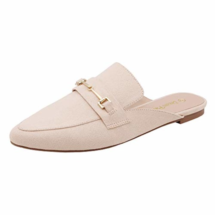DREAM PAIRS Women&#039;s DML212 Flat Mules Buckle Pointed Toe Backless Slip on Slides Loafer Shoes, Beige Suede, Size 8