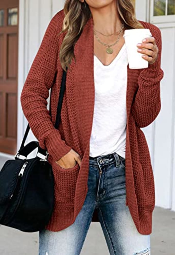 ZESICA Women&#039;s Long Sleeve Open Front Casual Lightweight Soft Knit Cardigan Sweater Outerwear,Rust,Medium