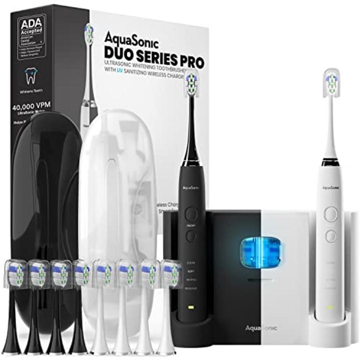 AquaSonic DUO PRO - Ultra Whitening 40,000 VPM Electric Smart ToothBrushes - ADA Accepted - 4 Modes with Smart Timers - UV Sanitizing &amp; Wireless Charging Base - 10 ProFlex Brush Heads &amp; 2 Travel Cases