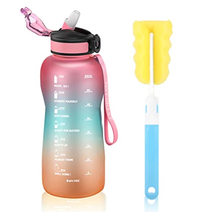 MYFOREST Half Gallon/64oz Motivational Water Bottle with Time Marker &amp; Straw, 2.2L Sports Bottle with Leakproof Flip Top Lid, 2.2Liter Hydration Water Bottle for Your Fitness Goals