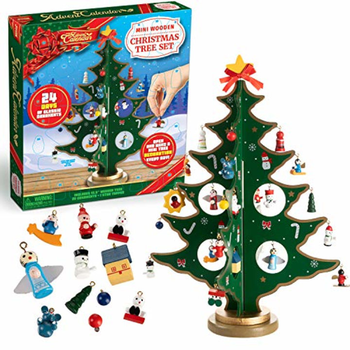 JOYIN Christmas 24 Days Countdown Advent Calendar with a Tabletop Wooden Christmas Tree and 28 Ornaments Decorations for Adults, Boys, Girls, Kids and Toddlers