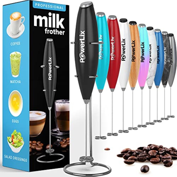 PowerLix Milk Frother Handheld Battery Operated Electric Whisk Beater Foam Maker For Coffee, Latte, Cappuccino, Hot Chocolate, Durable Mini Drink Mixer With Stainless Steel Stand Included (Black)