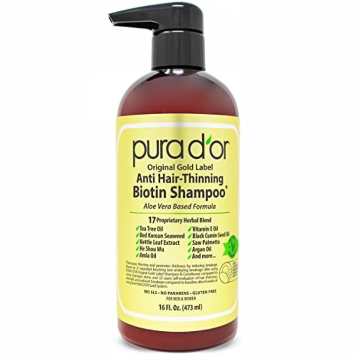 PURA D&#039;OR Original Gold Label Anti-Thinning Biotin Shampoo, CLINICALLY TESTED Proven Results, Herbal DHT Blocker Hair Thickening Products For Women &amp; Men, Natural Shampoo For Color Treated Hair, 16oz