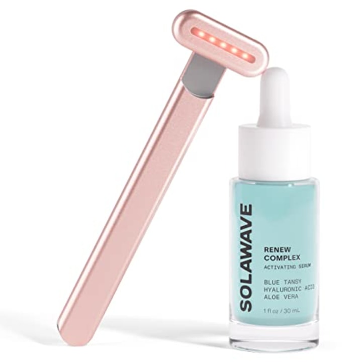 SolaWave 4-in-1 Facial Wand and Renew Complex Serum Bundle | Red Light Therapy for Face and Neck | Microcurrent Facial Device for Anti-Aging | Face Massager with Anti-Wrinkle Serum | Rose Gold