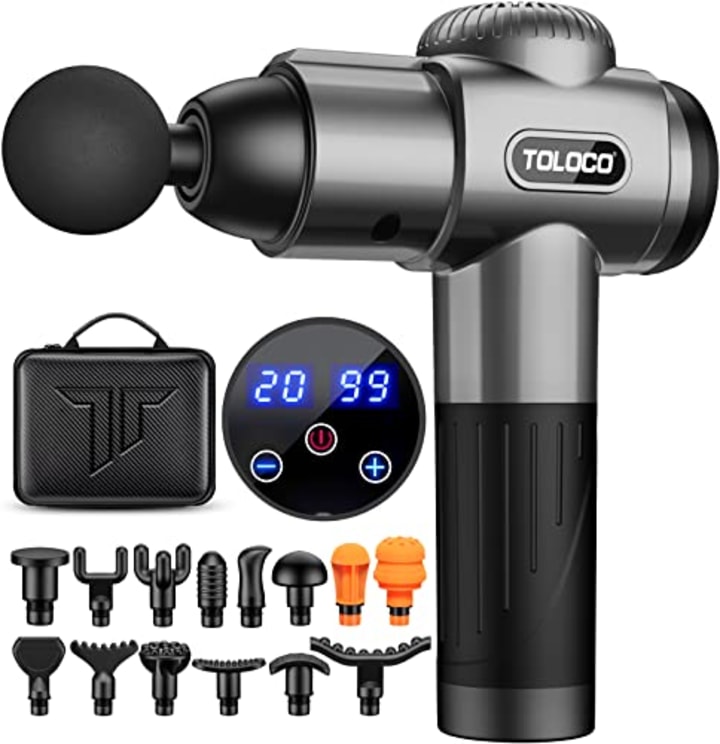 TOLOCO Massage Gun, Upgrade Percussion Muscle Massage Gun for Athletes, Handheld Deep Tissue Massager, Grey