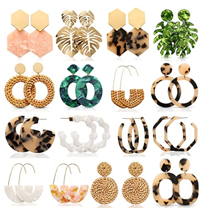 LANTAI 16 Pairs Trendy Acrylic Earrings Rattan Earrings for Women-Summer Beach Straw Woven Earrings Resin Leaf Dangle Drop Earrings Geometric Statement Earrings Vacation Jewelry