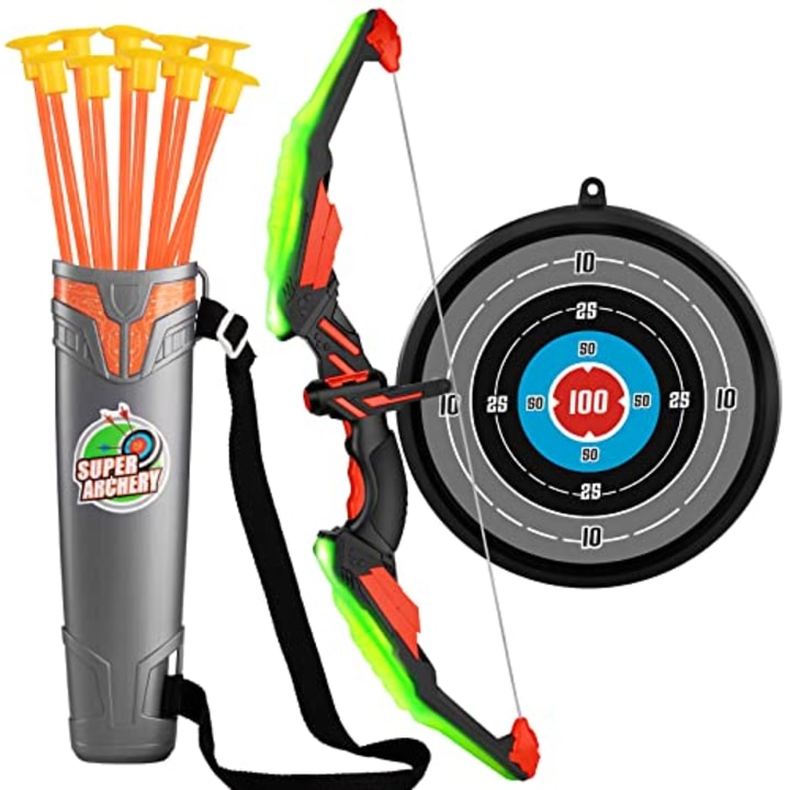 TEMI Kids Bow and Arrow Set - LED Light Up Archery Toy Set with 10 Suction Cup Arrows, Target &amp; Quiver, Indoor and Outdoor Toys for Children Boys Girls